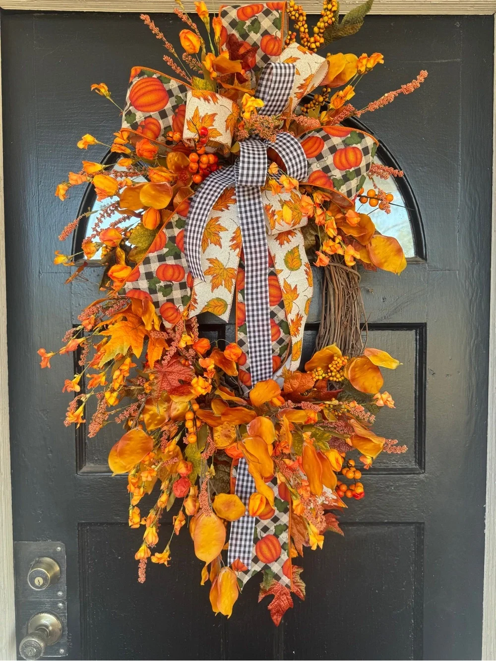 Autumn Harvest Orange Fall Door Wreath with Ribbon